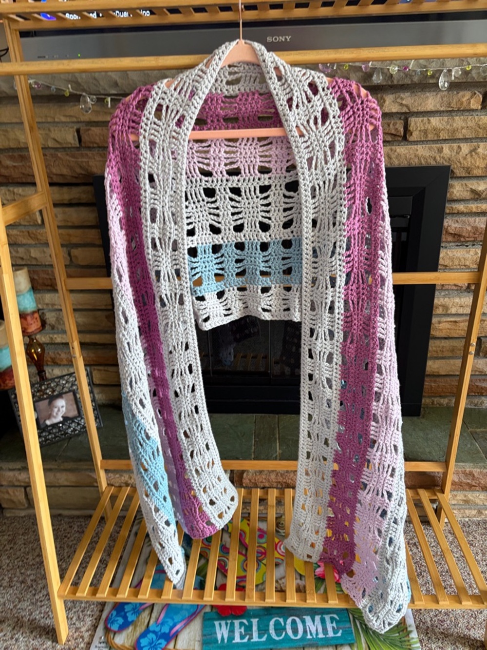 Open-Knit Long Women's Wrap in Light Gray and Lavender